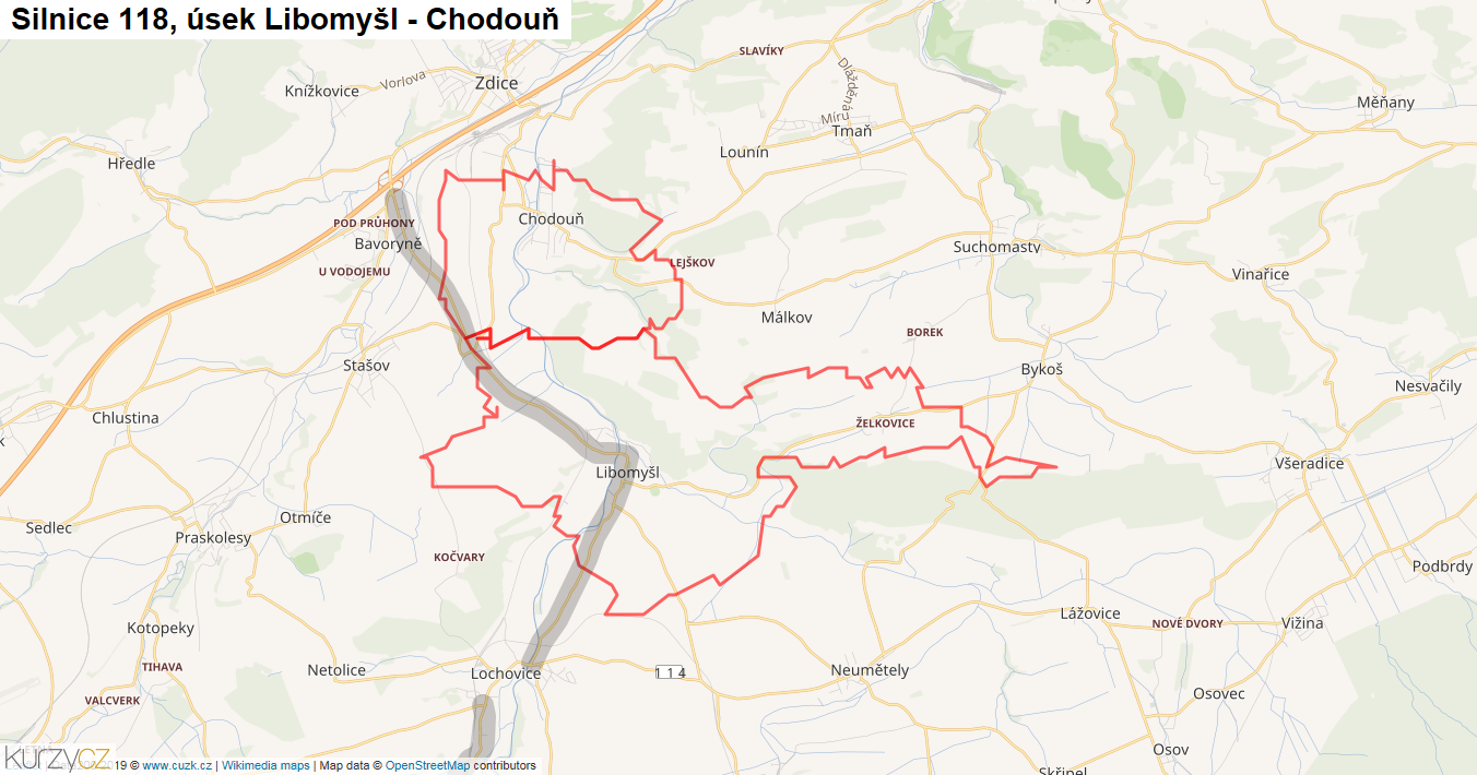 Úsek Libomyšl - Chodouň, Silnice 118 - Mapa