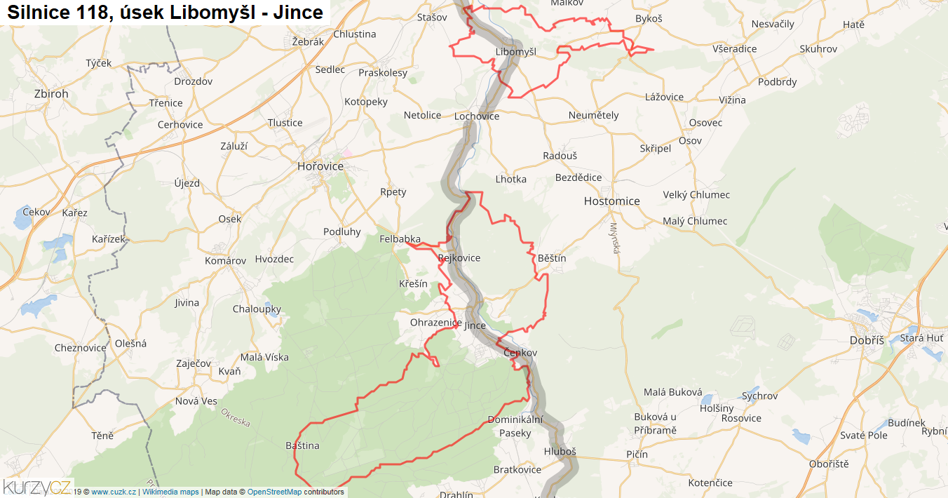 Úsek Libomyšl - Jince, Silnice 118 - Mapa