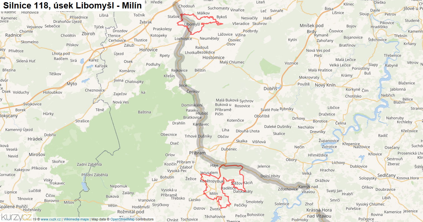 Úsek Libomyšl - Milín, Silnice 118 - Mapa
