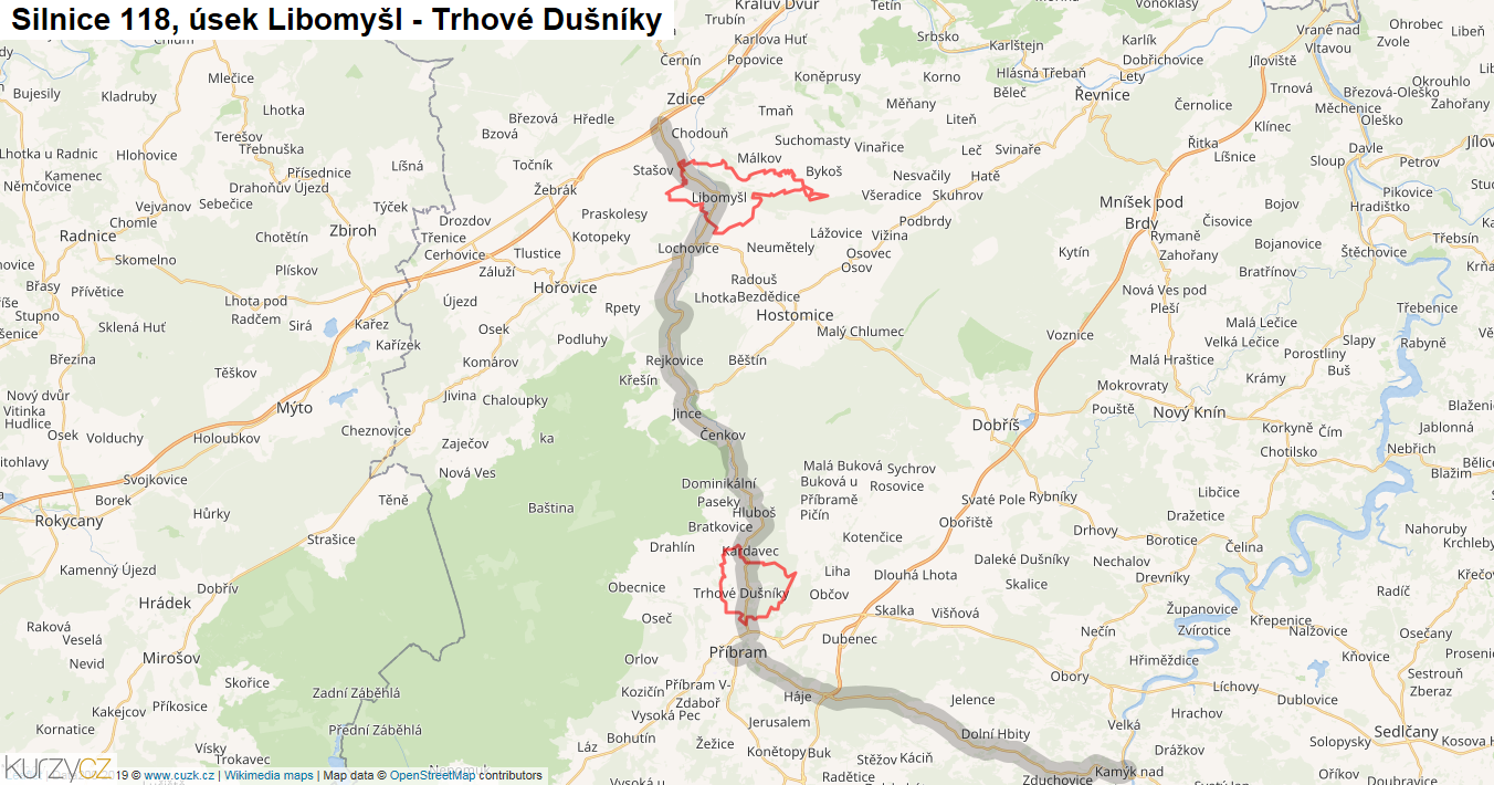 Úsek Libomyšl - Trhové Dušníky, Silnice 118 - Mapa