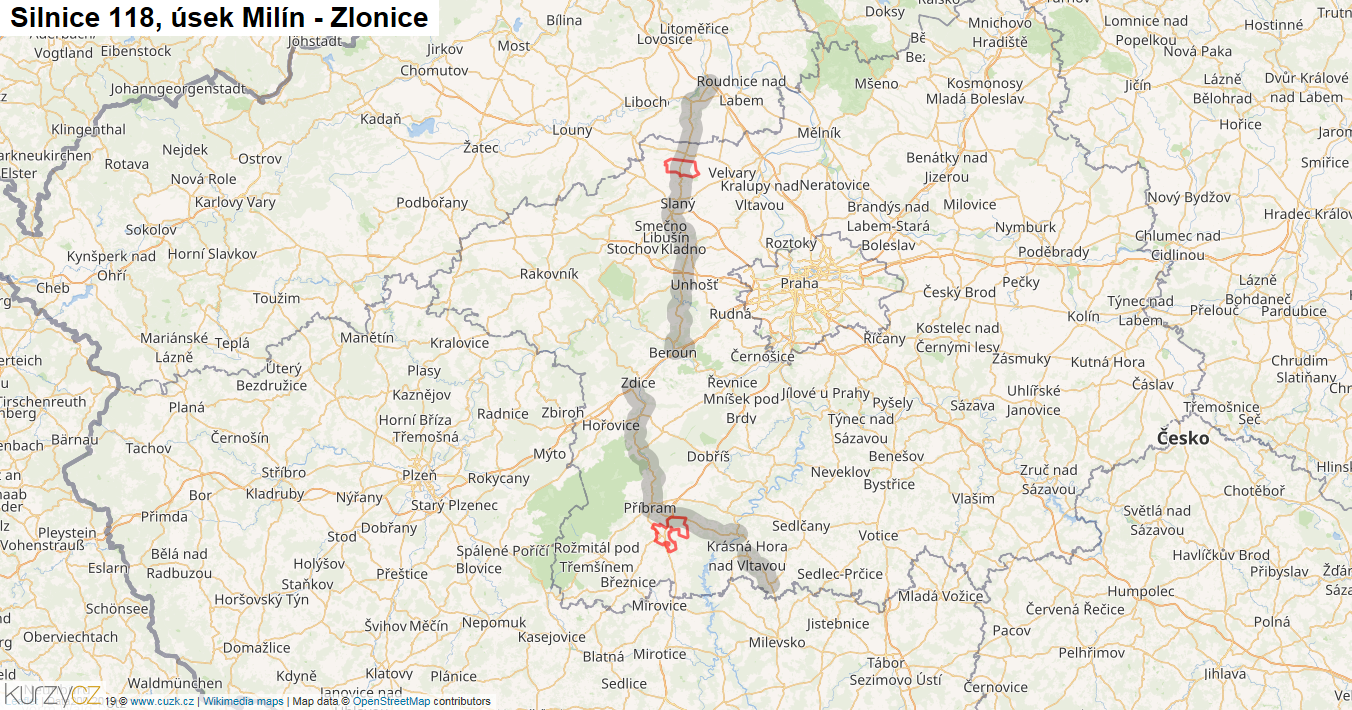 Úsek Milín - Zlonice, Silnice 118 - Mapa