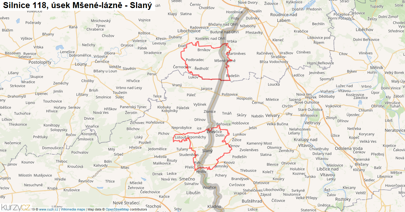Úsek Mšené-lázně - Slaný, Silnice 118 - Mapa