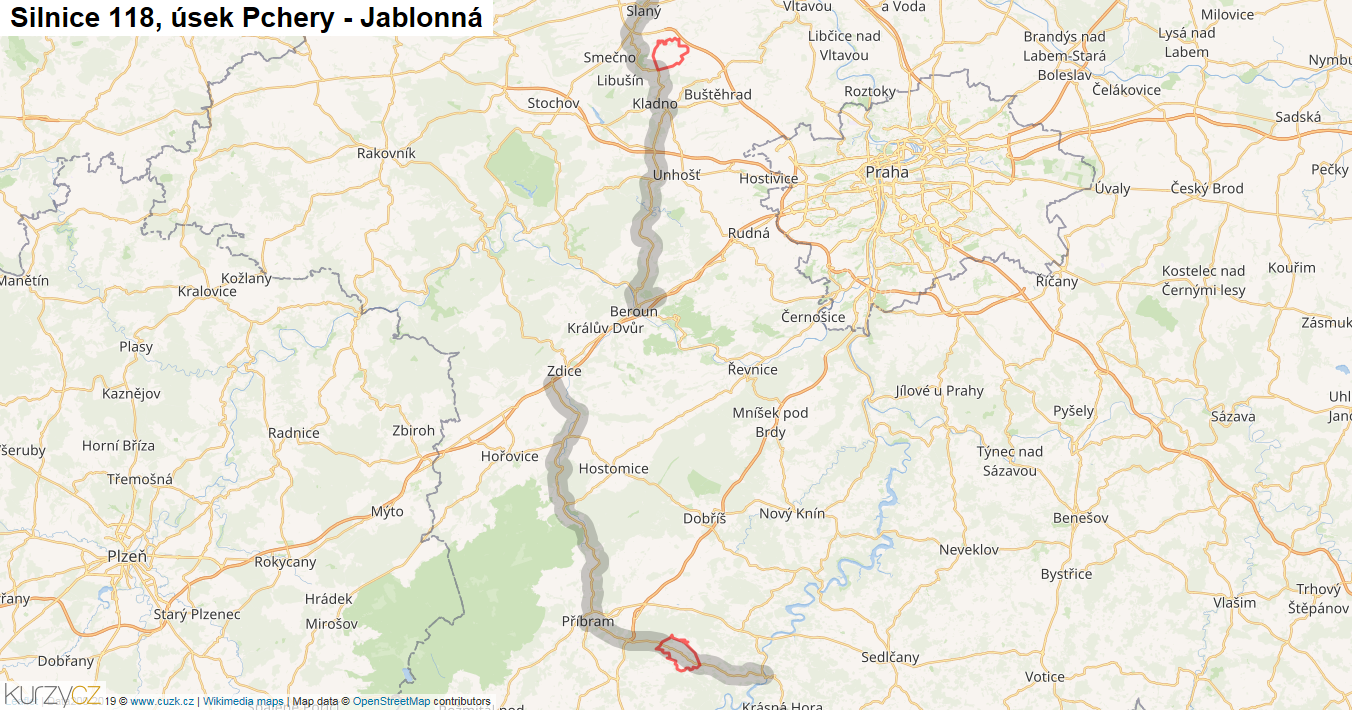 Úsek Pchery - Jablonná, Silnice 118 - Mapa