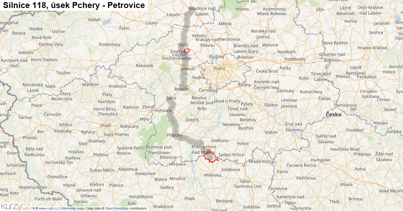 Úsek Pchery - Petrovice, Silnice 118 - Mapa