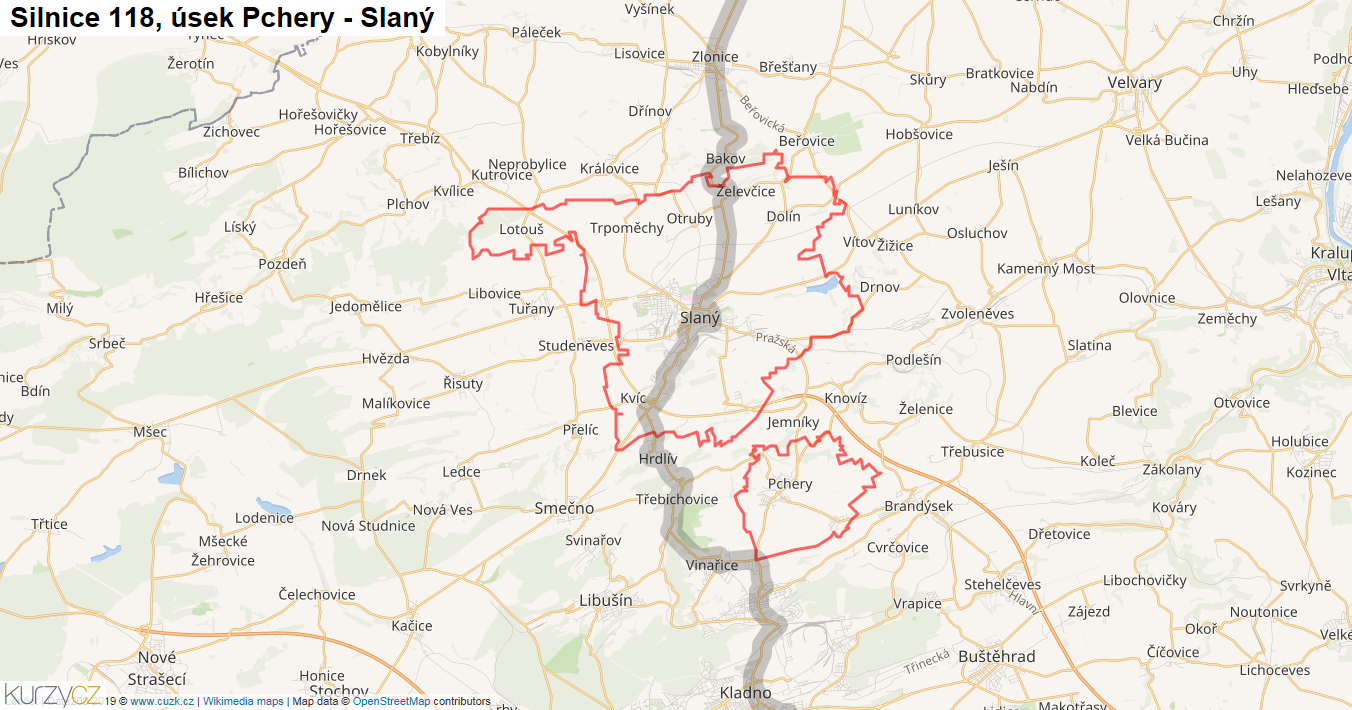 Úsek Pchery - Slaný, Silnice 118 - Mapa