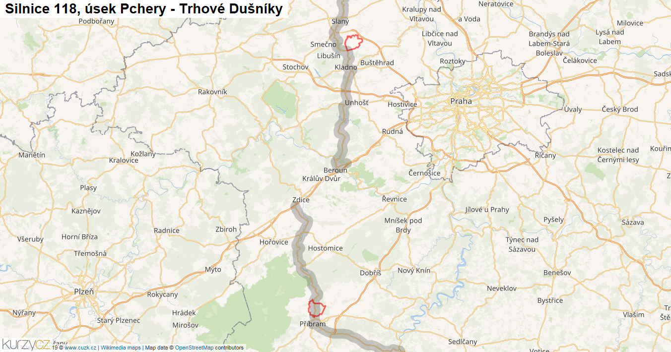Úsek Pchery - Trhové Dušníky, Silnice 118 - Mapa
