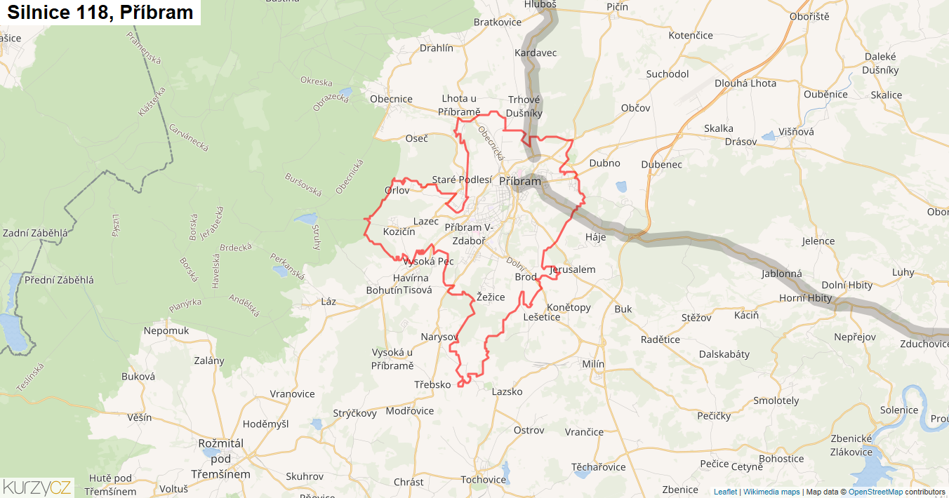 Příbram, Silnice 118 - Mapa
