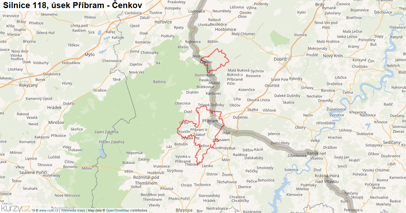 Úsek Příbram - Čenkov, Silnice 118 - Mapa