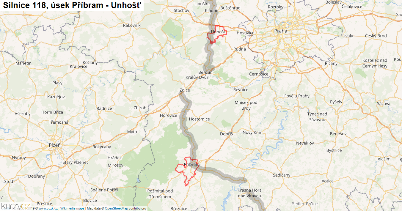 Úsek Příbram - Unhošť, Silnice 118 - Mapa