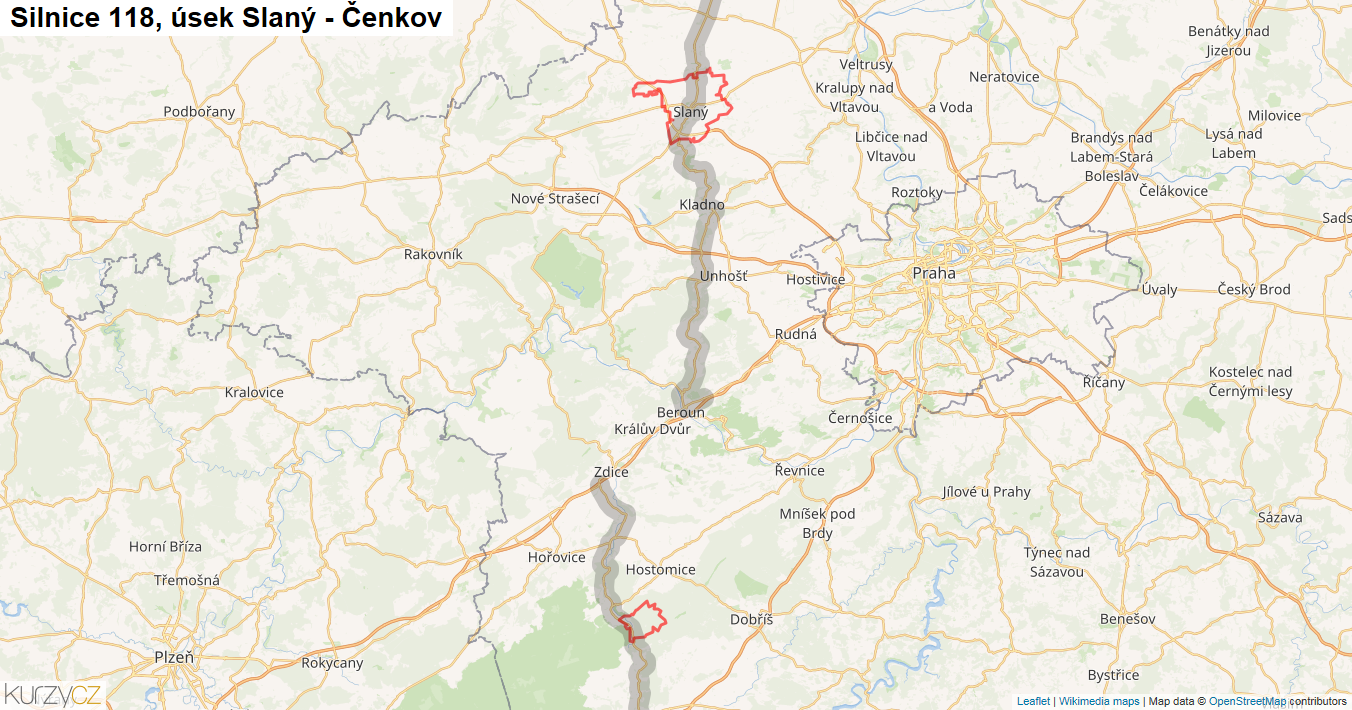 Úsek Slaný - Čenkov, Silnice 118 - Mapa
