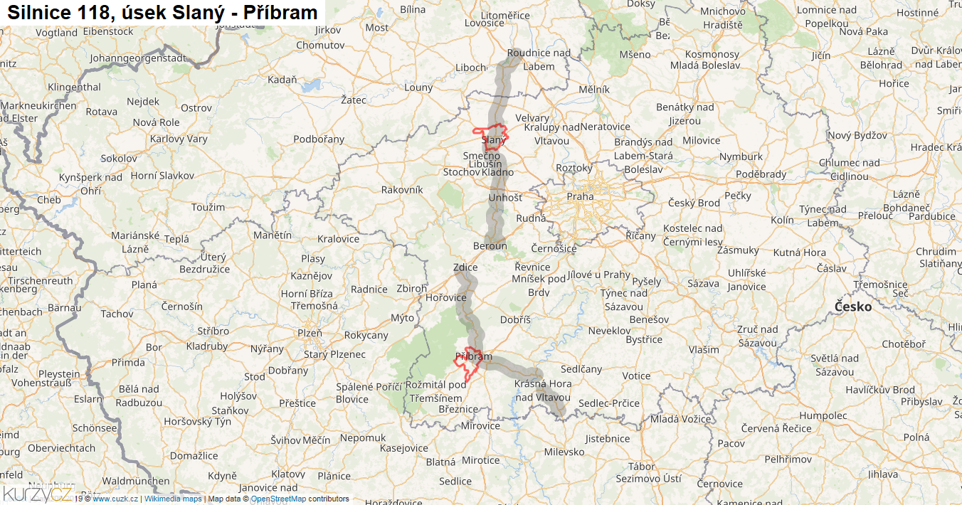 Úsek Slaný - Příbram, Silnice 118 - Mapa