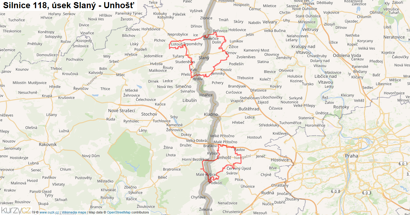 Úsek Slaný - Unhošť, Silnice 118 - Mapa