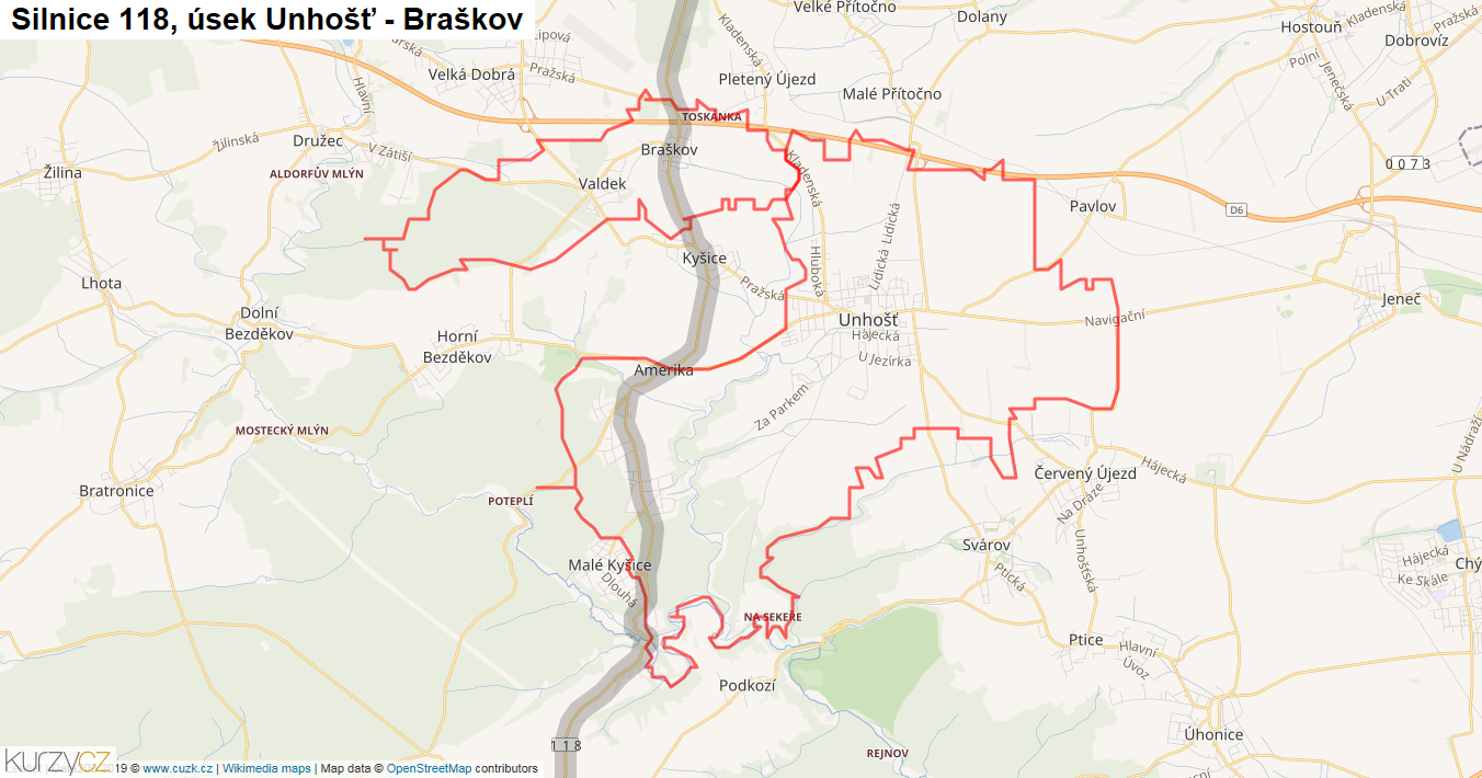 Úsek Unhošť - Braškov, Silnice 118 - Mapa