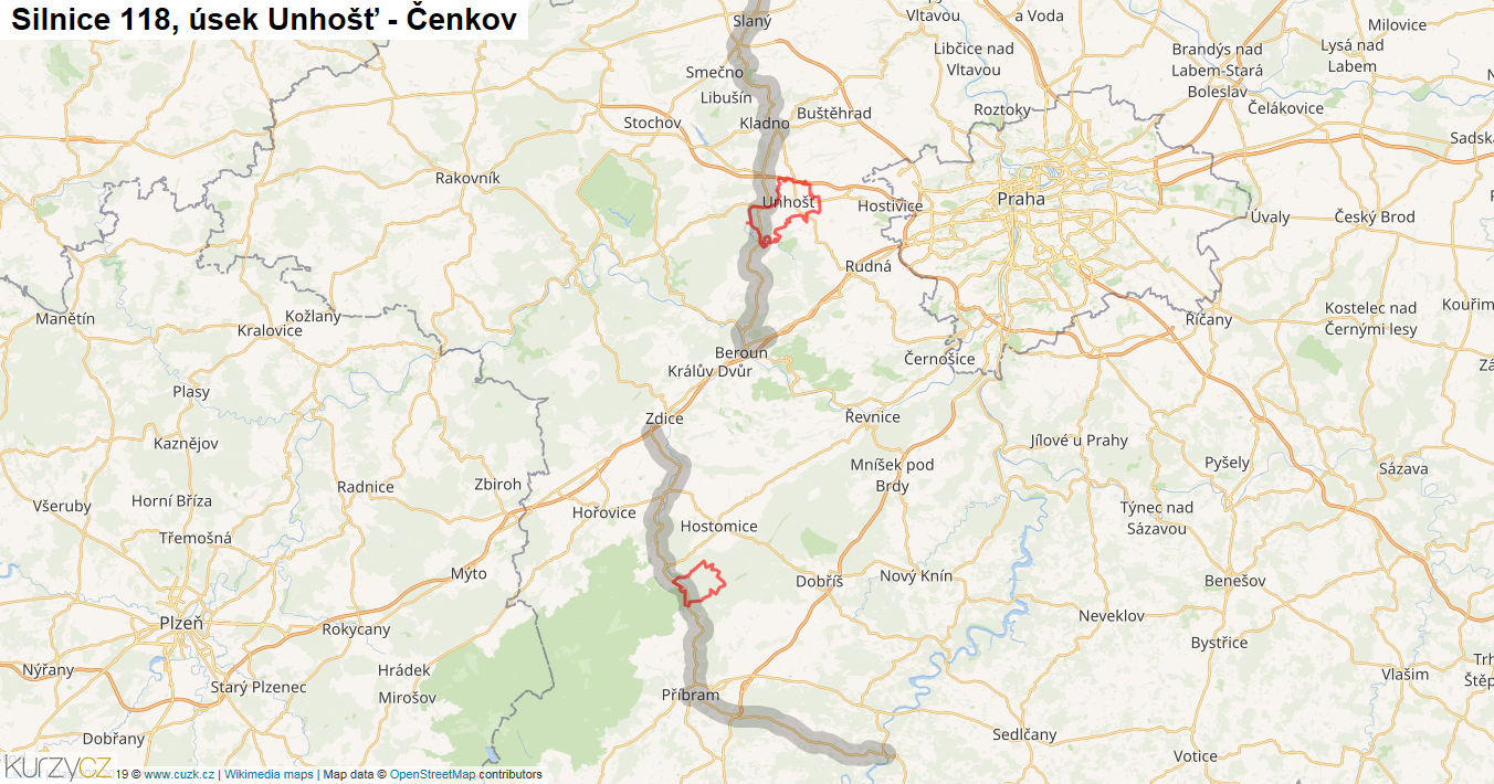 Úsek Unhošť - Čenkov, Silnice 118 - Mapa