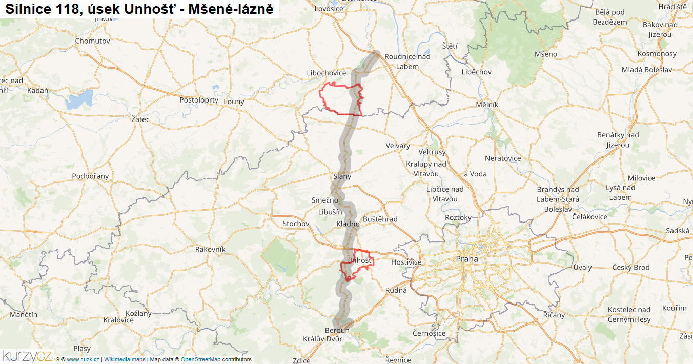 Úsek Unhošť - Mšené-lázně, Silnice 118 - Mapa