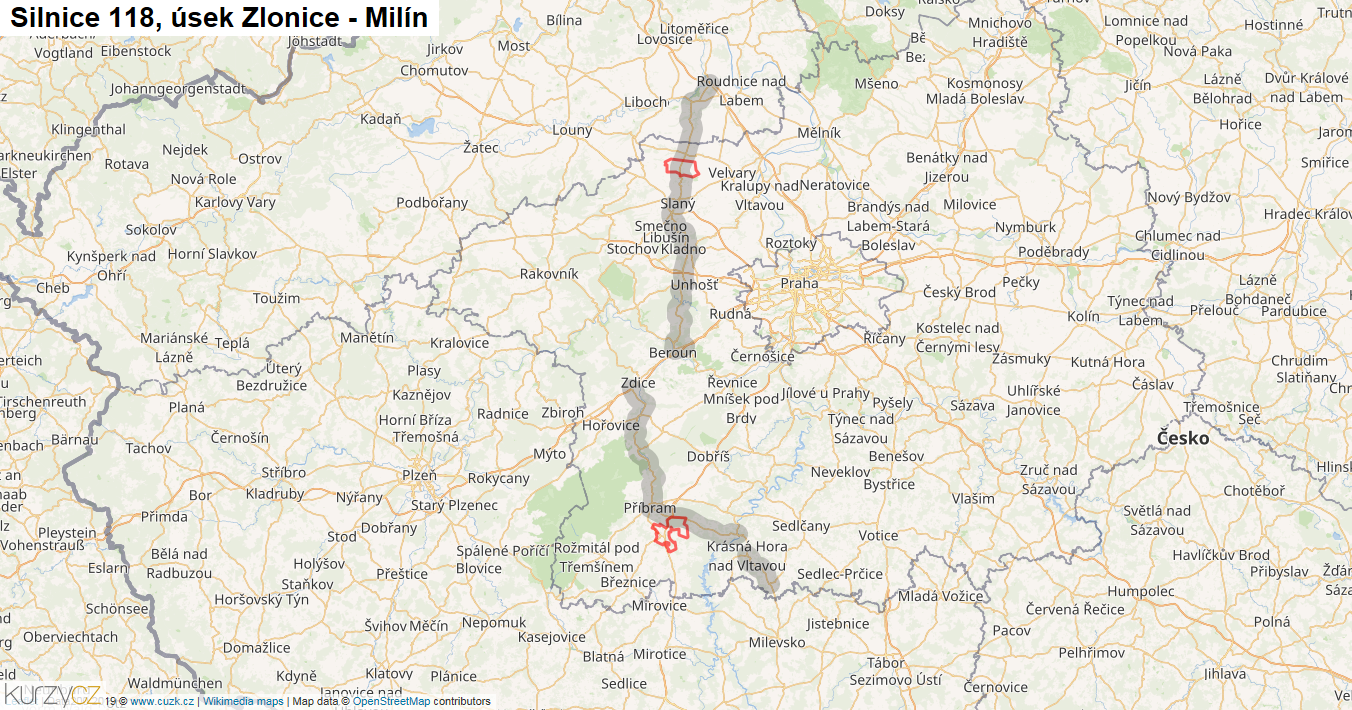 Úsek Zlonice - Milín, Silnice 118 - Mapa
