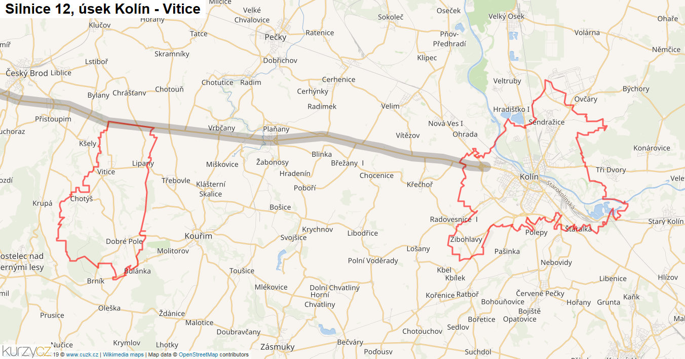 Úsek Kolín - Vitice, Silnice 12 - Mapa