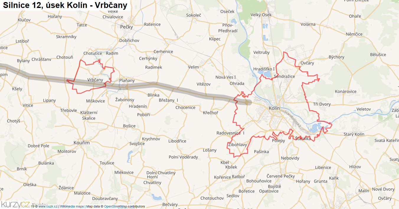 Úsek Kolín - Vrbčany, Silnice 12 - Mapa