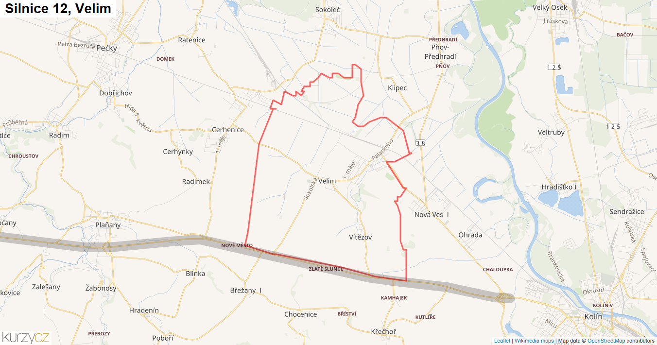 Velim, Silnice 12 - Mapa