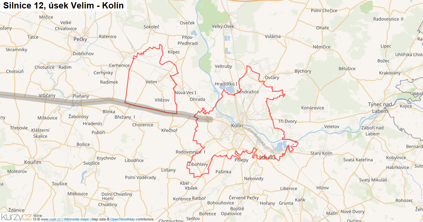 Úsek Velim - Kolín, Silnice 12 - Mapa