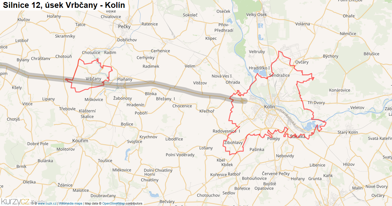 Úsek Vrbčany - Kolín, Silnice 12 - Mapa