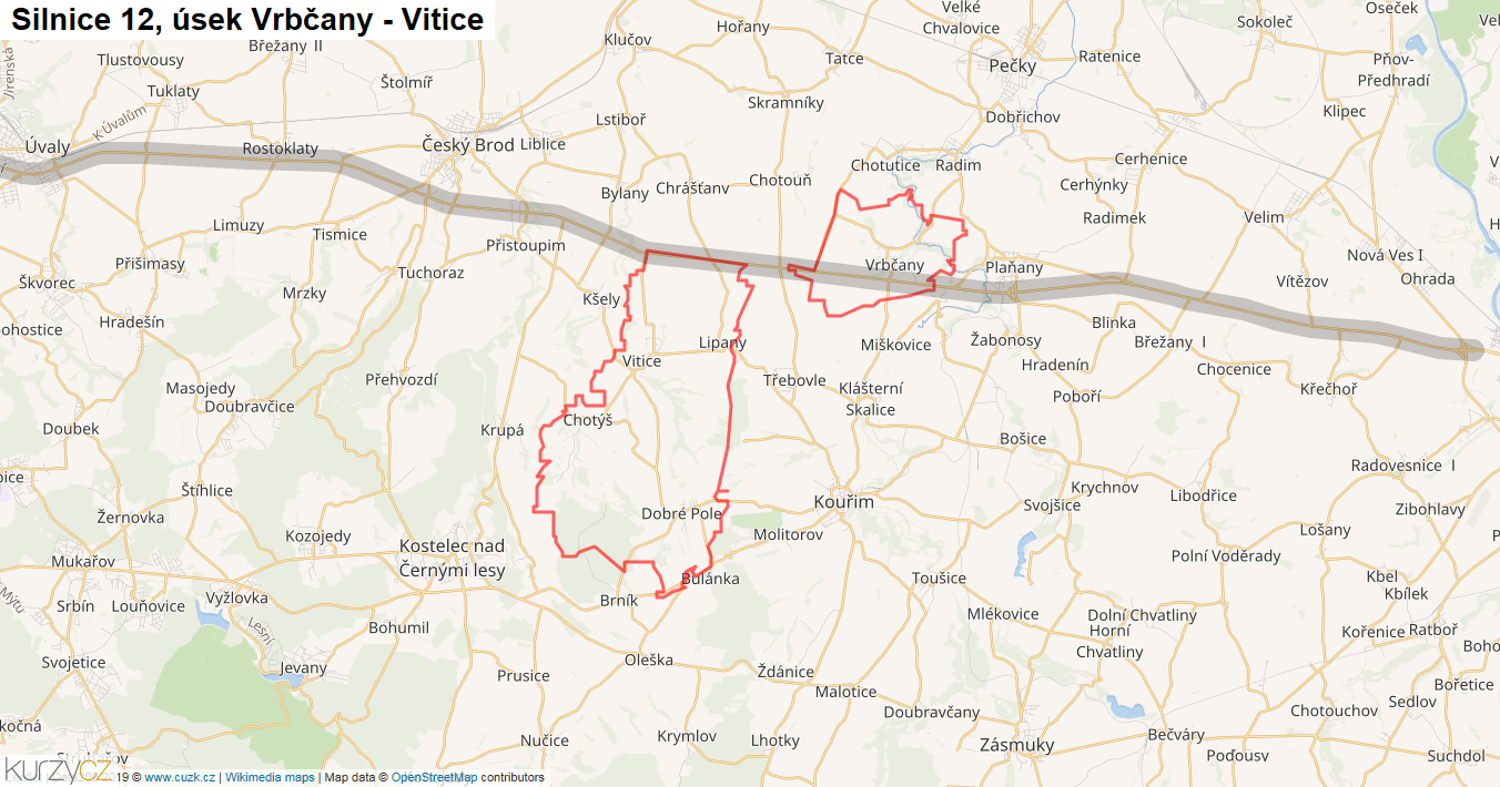 Úsek Vrbčany - Vitice, Silnice 12 - Mapa