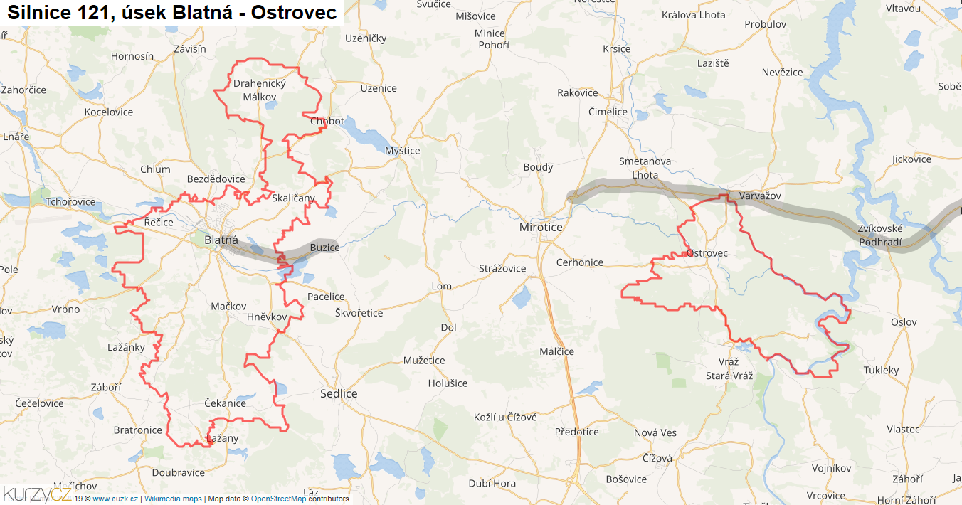 Úsek Blatná - Ostrovec, Silnice 121 - Mapa