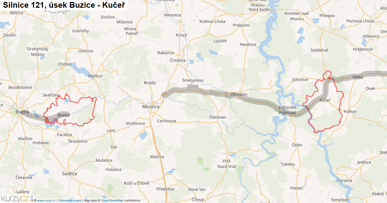 Úsek Buzice - Kučeř, Silnice 121 - Mapa