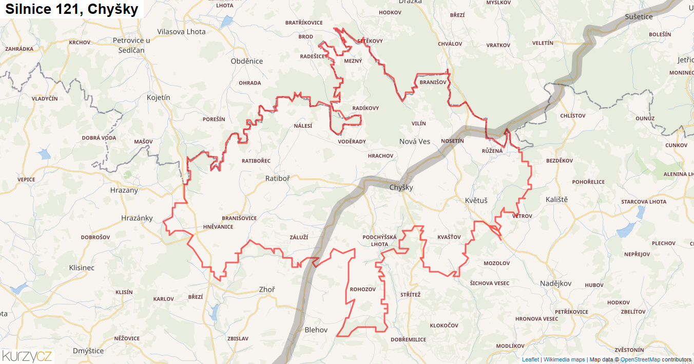 Chyšky, Silnice 121 - Mapa