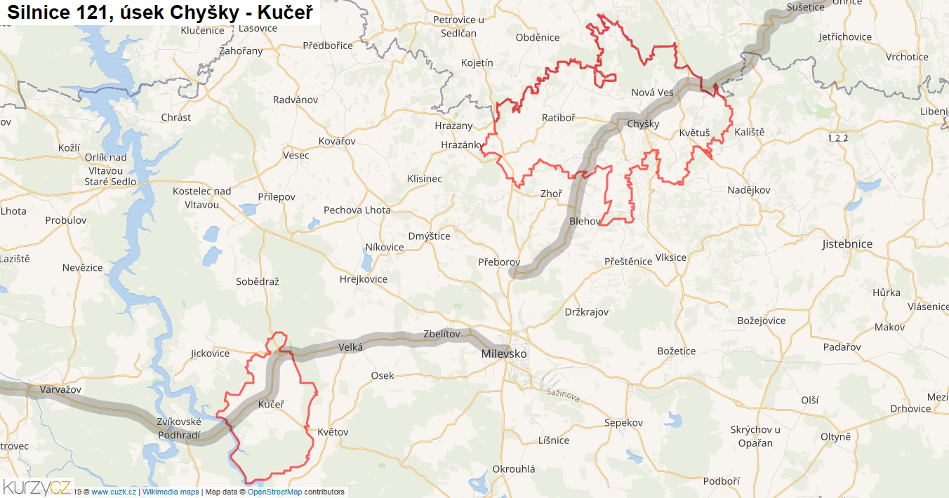 Úsek Chyšky - Kučeř, Silnice 121 - Mapa