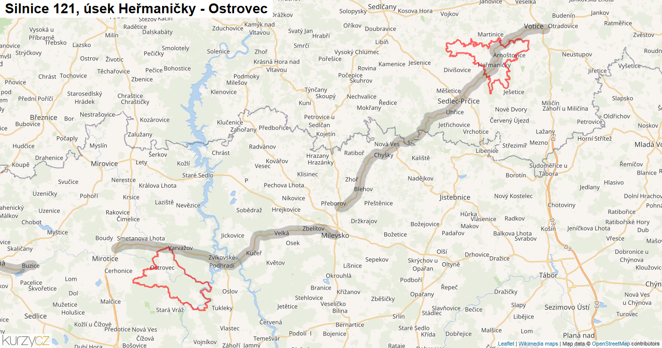 Úsek Heřmaničky - Ostrovec, Silnice 121 - Mapa