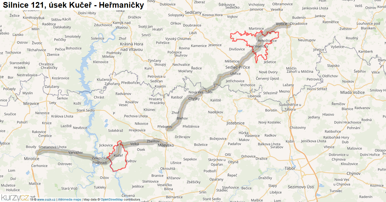 Úsek Kučeř - Heřmaničky, Silnice 121 - Mapa