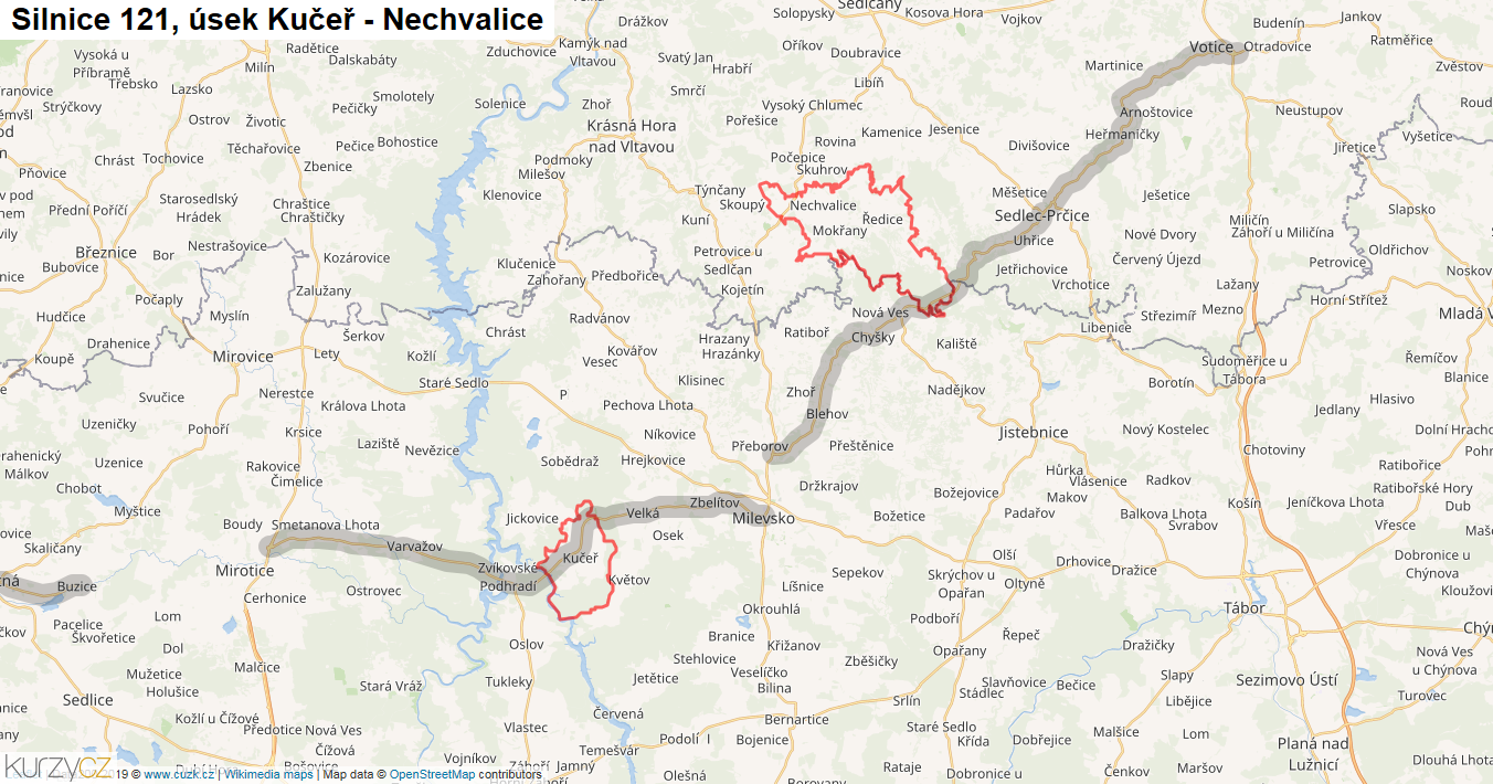 Úsek Kučeř - Nechvalice, Silnice 121 - Mapa