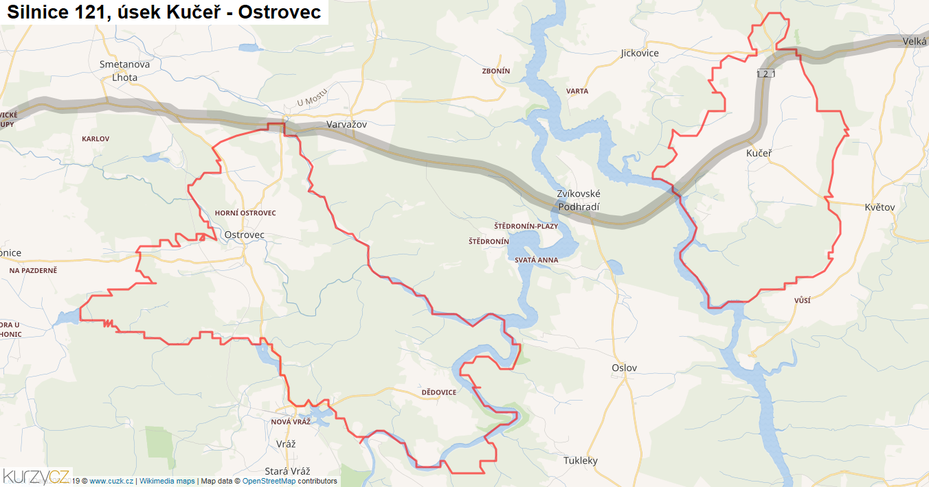 Úsek Kučeř - Ostrovec, Silnice 121 - Mapa
