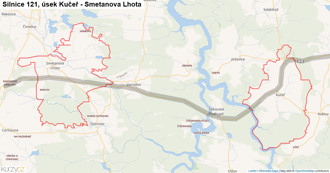 Úsek Kučeř - Smetanova Lhota, Silnice 121 - Mapa