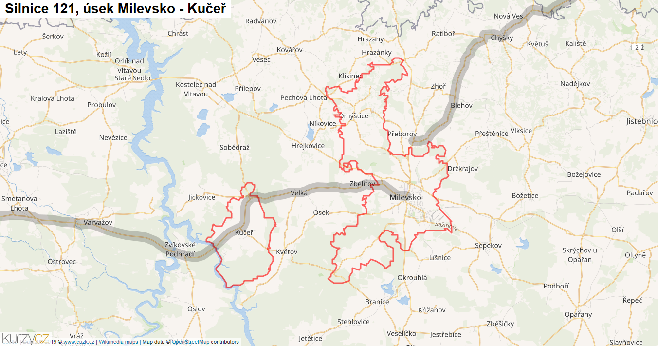 Úsek Milevsko - Kučeř, Silnice 121 - Mapa