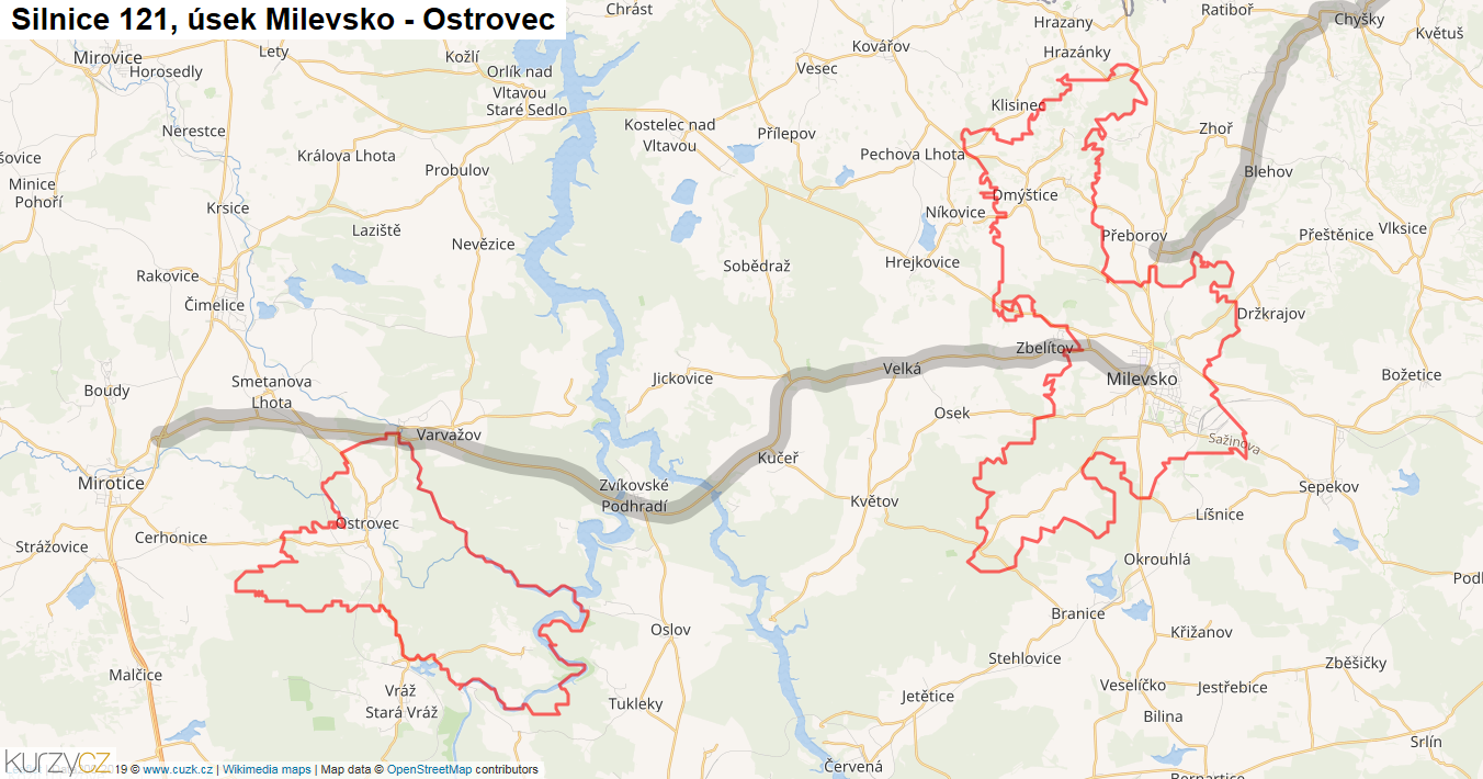 Úsek Milevsko - Ostrovec, Silnice 121 - Mapa