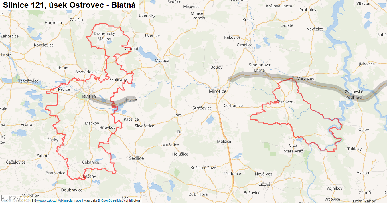 Úsek Ostrovec - Blatná, Silnice 121 - Mapa