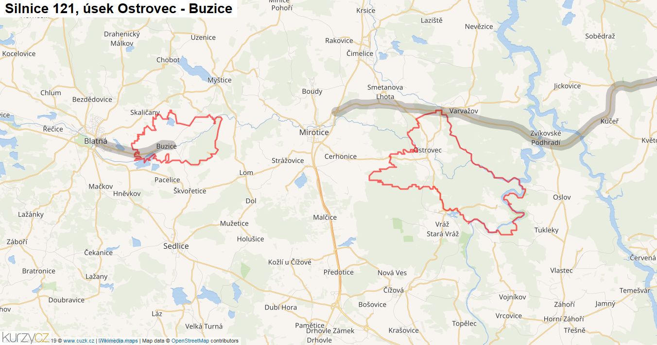 Úsek Ostrovec - Buzice, Silnice 121 - Mapa