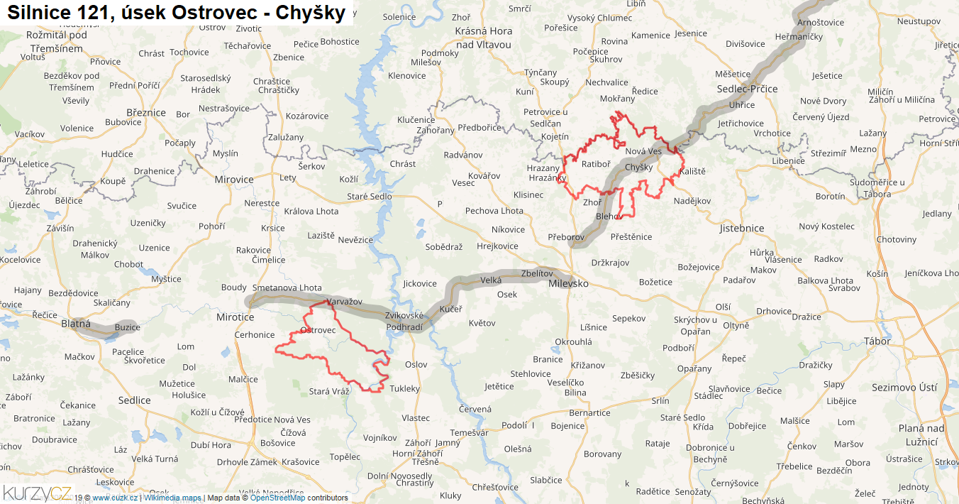 Úsek Ostrovec - Chyšky, Silnice 121 - Mapa