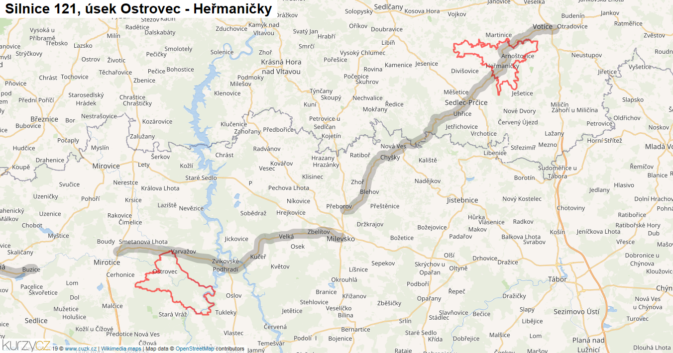 Úsek Ostrovec - Heřmaničky, Silnice 121 - Mapa
