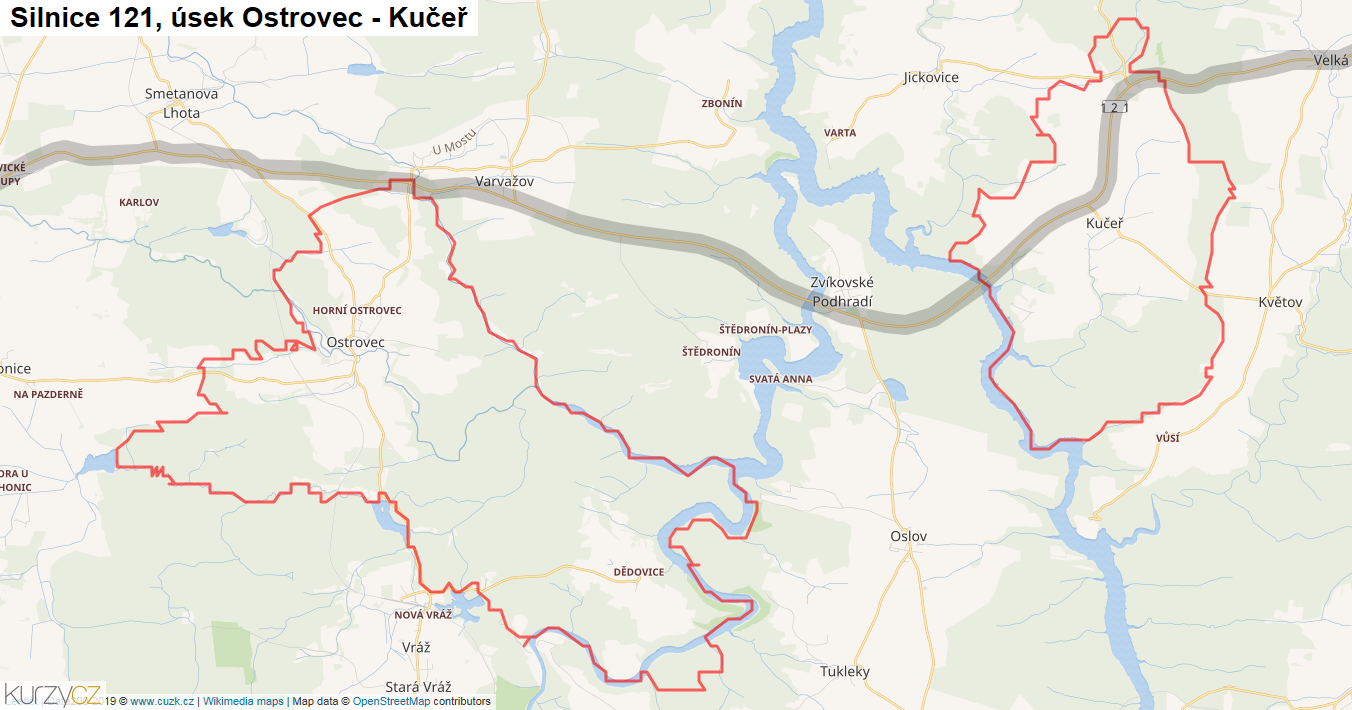 Úsek Ostrovec - Kučeř, Silnice 121 - Mapa