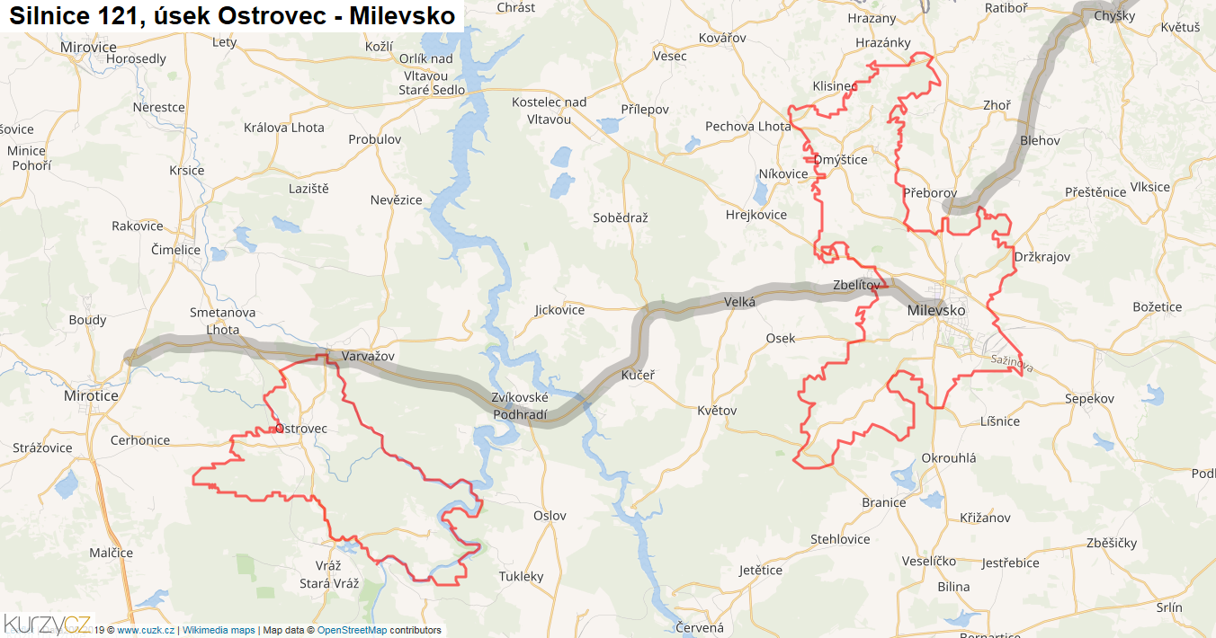 Úsek Ostrovec - Milevsko, Silnice 121 - Mapa