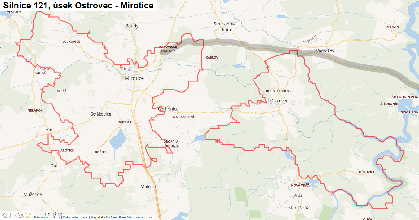 Úsek Ostrovec - Mirotice, Silnice 121 - Mapa