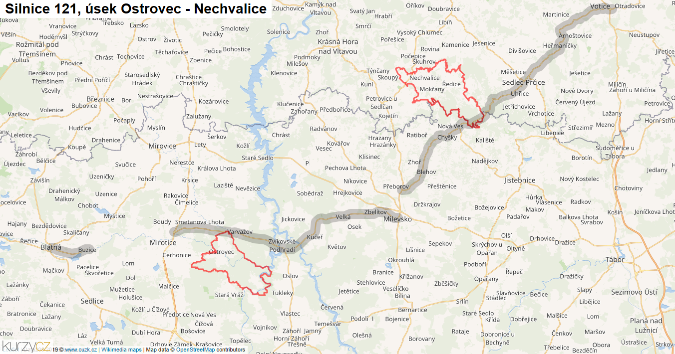 Úsek Ostrovec - Nechvalice, Silnice 121 - Mapa