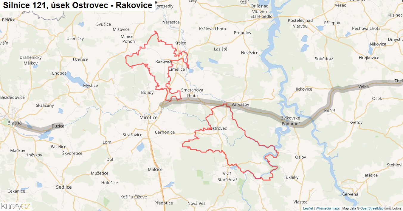 Úsek Ostrovec - Rakovice, Silnice 121 - Mapa