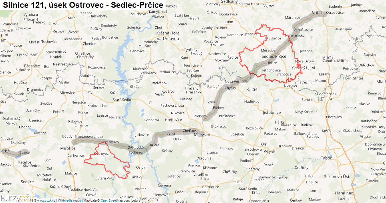 Úsek Ostrovec - Sedlec-Prčice, Silnice 121 - Mapa
