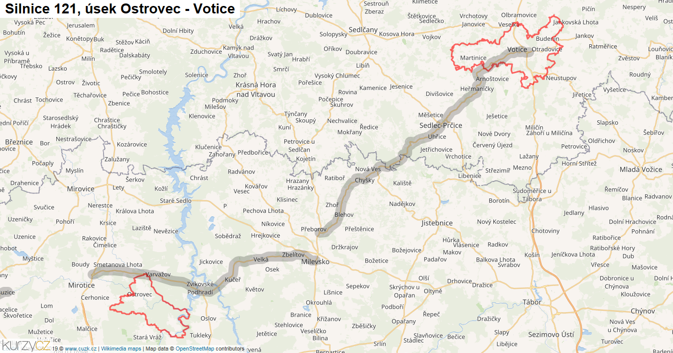 Úsek Ostrovec - Votice, Silnice 121 - Mapa