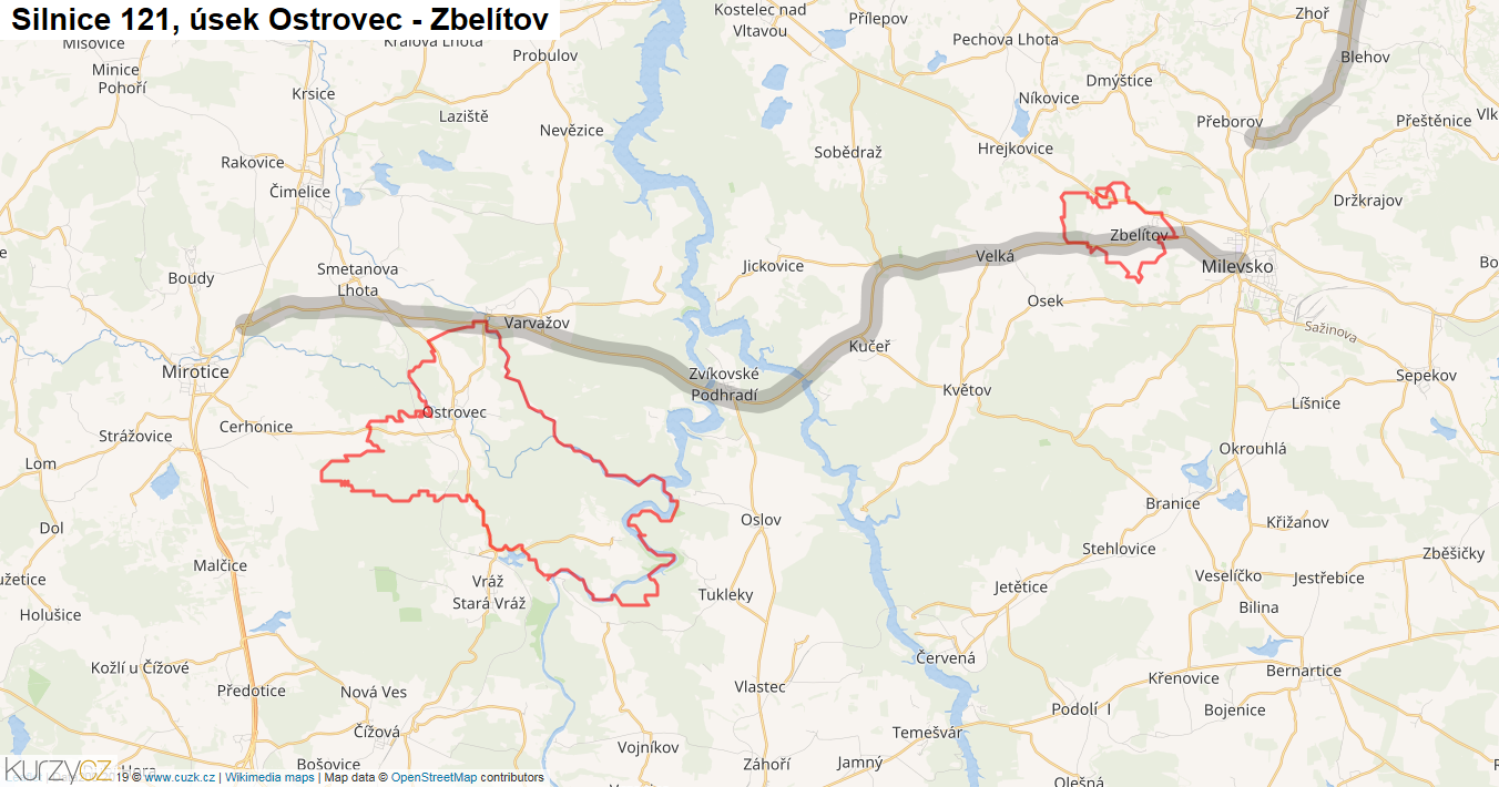 Úsek Ostrovec - Zbelítov, Silnice 121 - Mapa