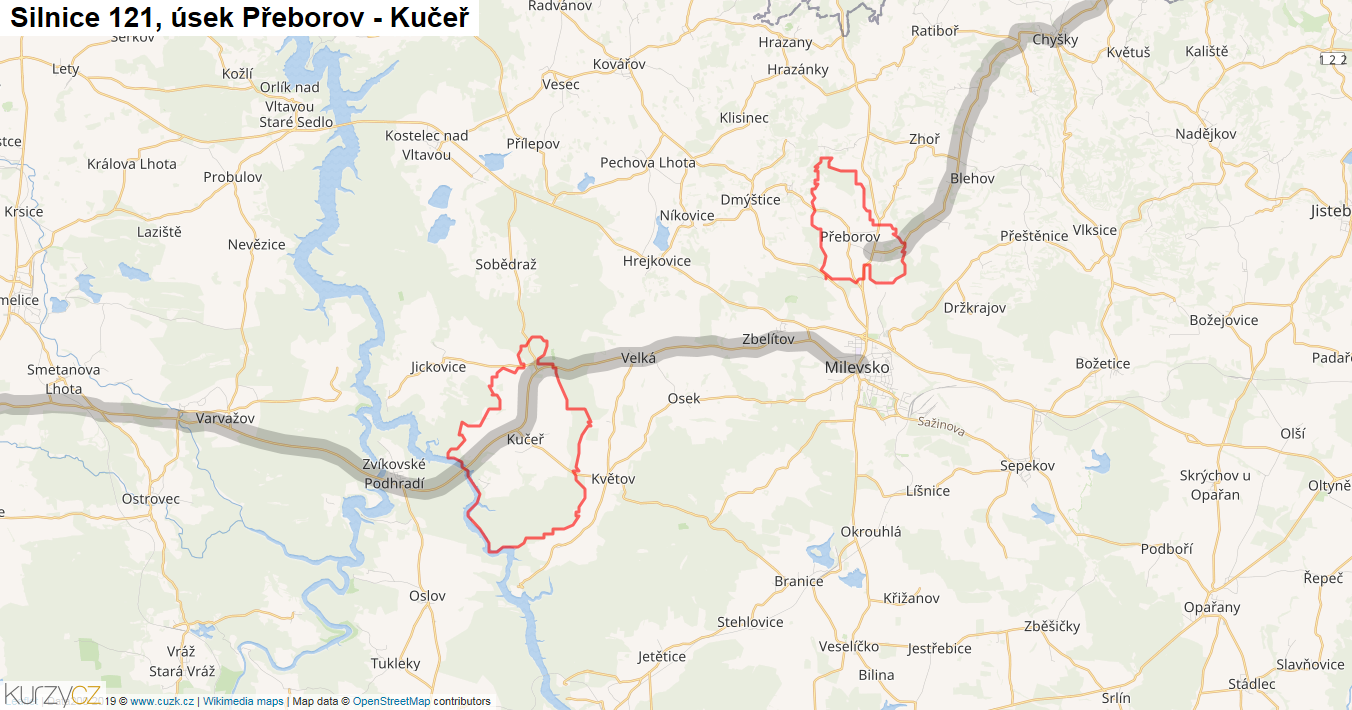 Úsek Přeborov - Kučeř, Silnice 121 - Mapa